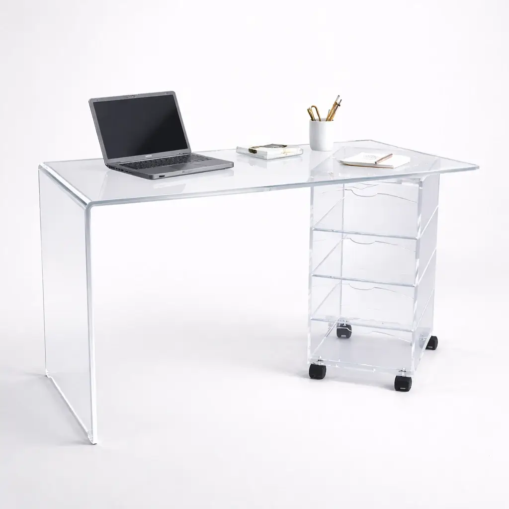 Bureau Plexi Transparent 4 Tiroirs Rotatifs 360 sur roulettes.