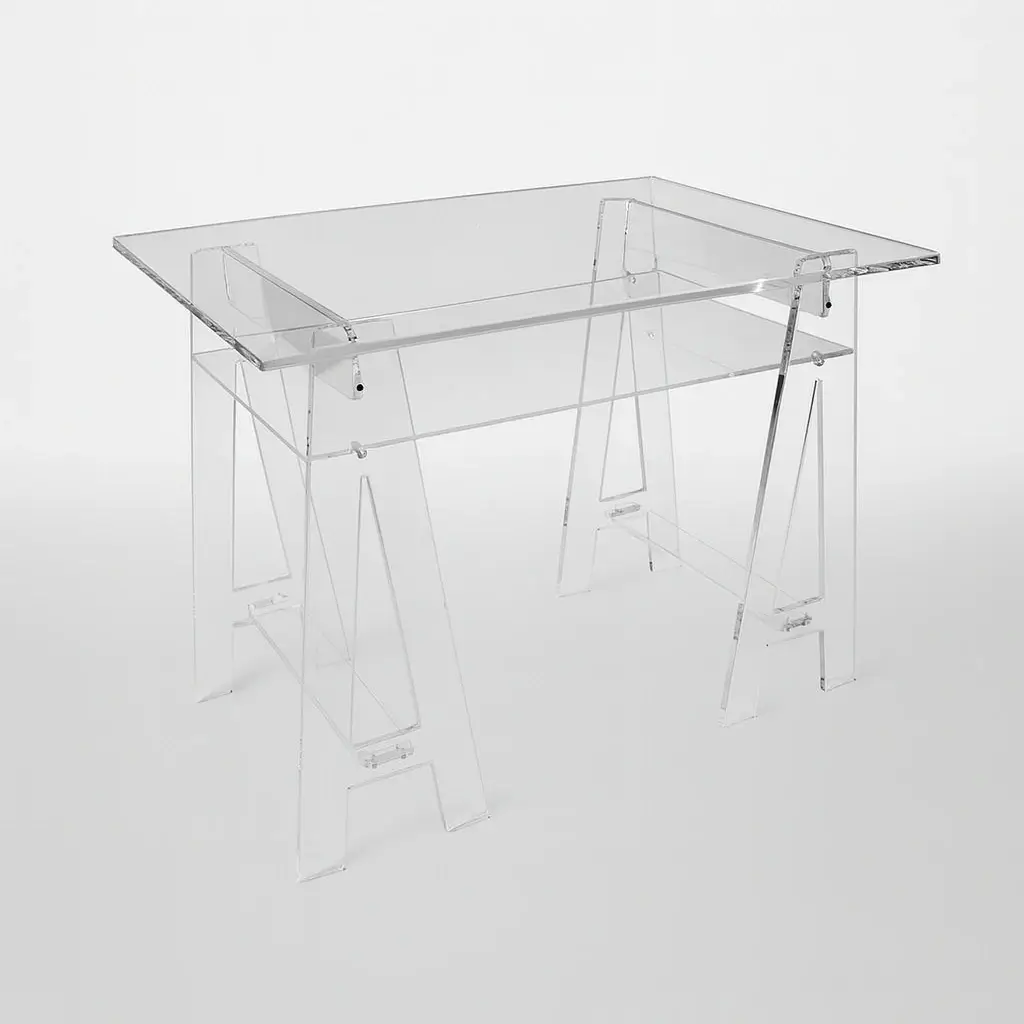 Bureau transparent en Plexiglas avec tablette sur tréteaux