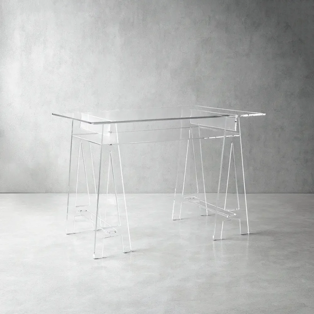 Bureau transparent en Plexiglass avec tablette sur tréteaux en Plexiglass