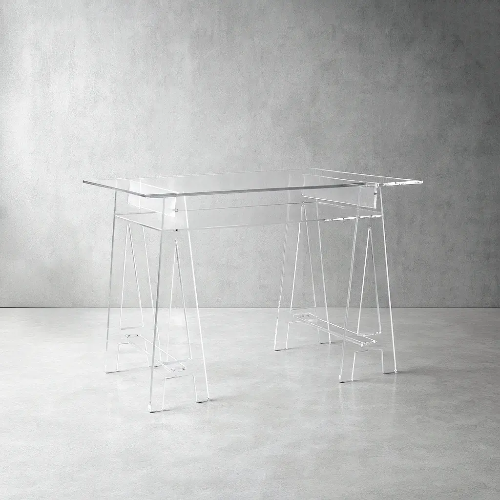 Bureau transparent en Plexiglass avec tablette sur tréteaux en Plexiglass