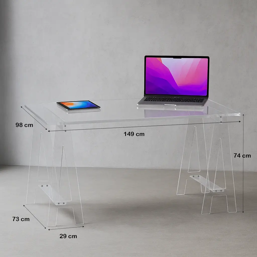 Grand Bureau Transparent en Plexiglas sur Tréteaux 149 x 98 x H 74 cm