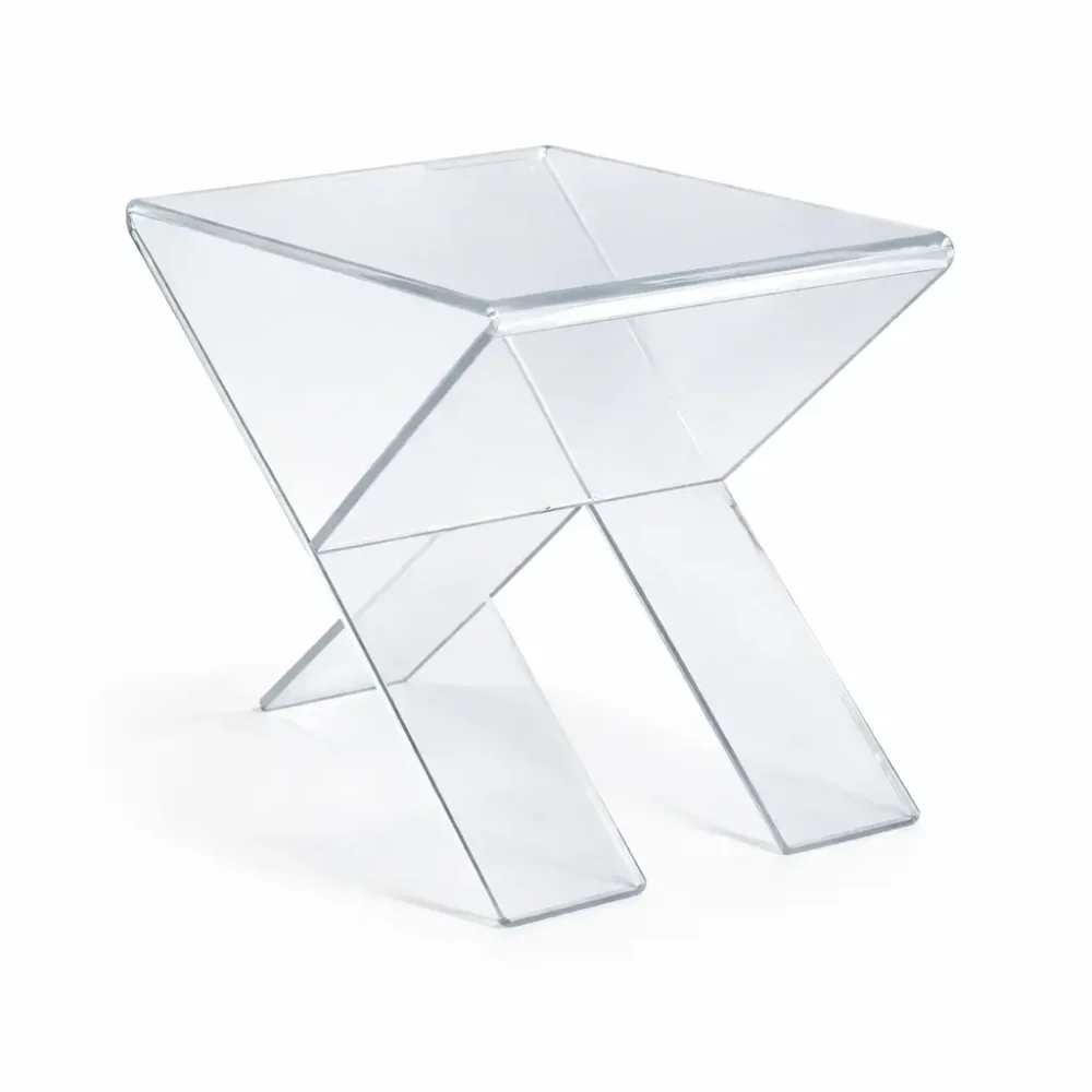 Petite table en forme de X transparente en plexiglass