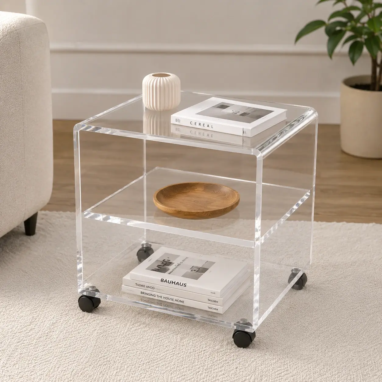Table d'appoint transparente à roulettes en Plexiglass PMMA coulé avec tablette intermédiaire