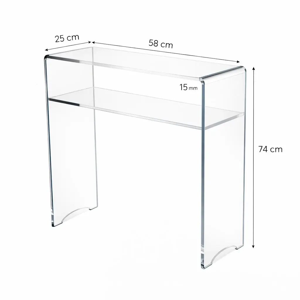 Petite console pont en plexiglass longueur 58 cm profondeur 25 cm hauteur 74 cm épaisseur 15 mm