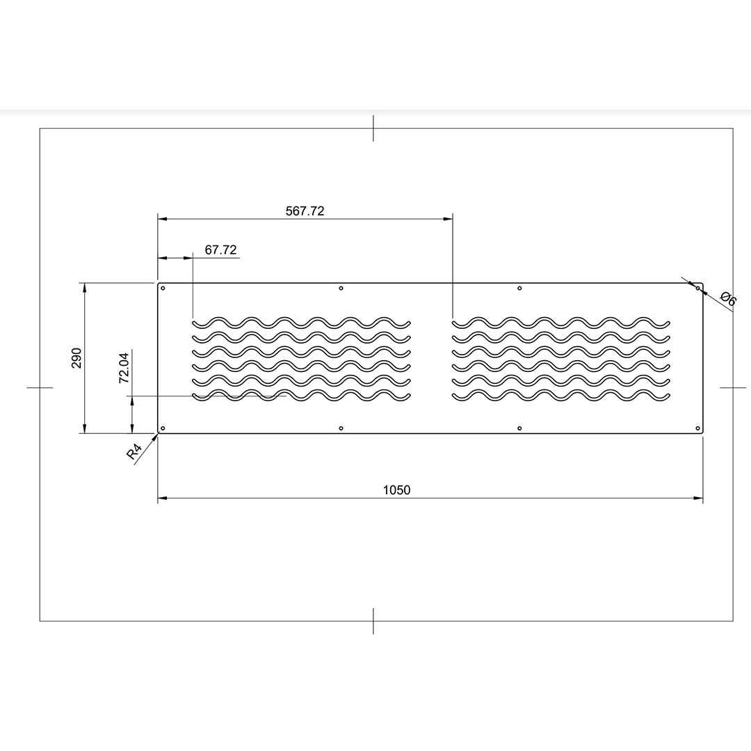 Usinage PVC massif blanc épaisseur 4 mm  Longueur 1050 x largeur 290 x épaisseur 4 mm + 8 Ø 6 mm et 2 vagues de 432 mm selon dxf