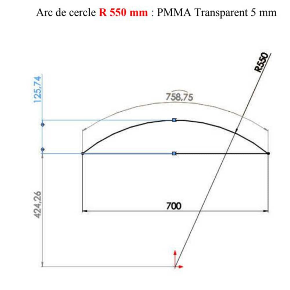 Verre acrylique arrondi pour imposte de porte et porte fenêtre 700 x 125,74 mm épaisseur 5 mm