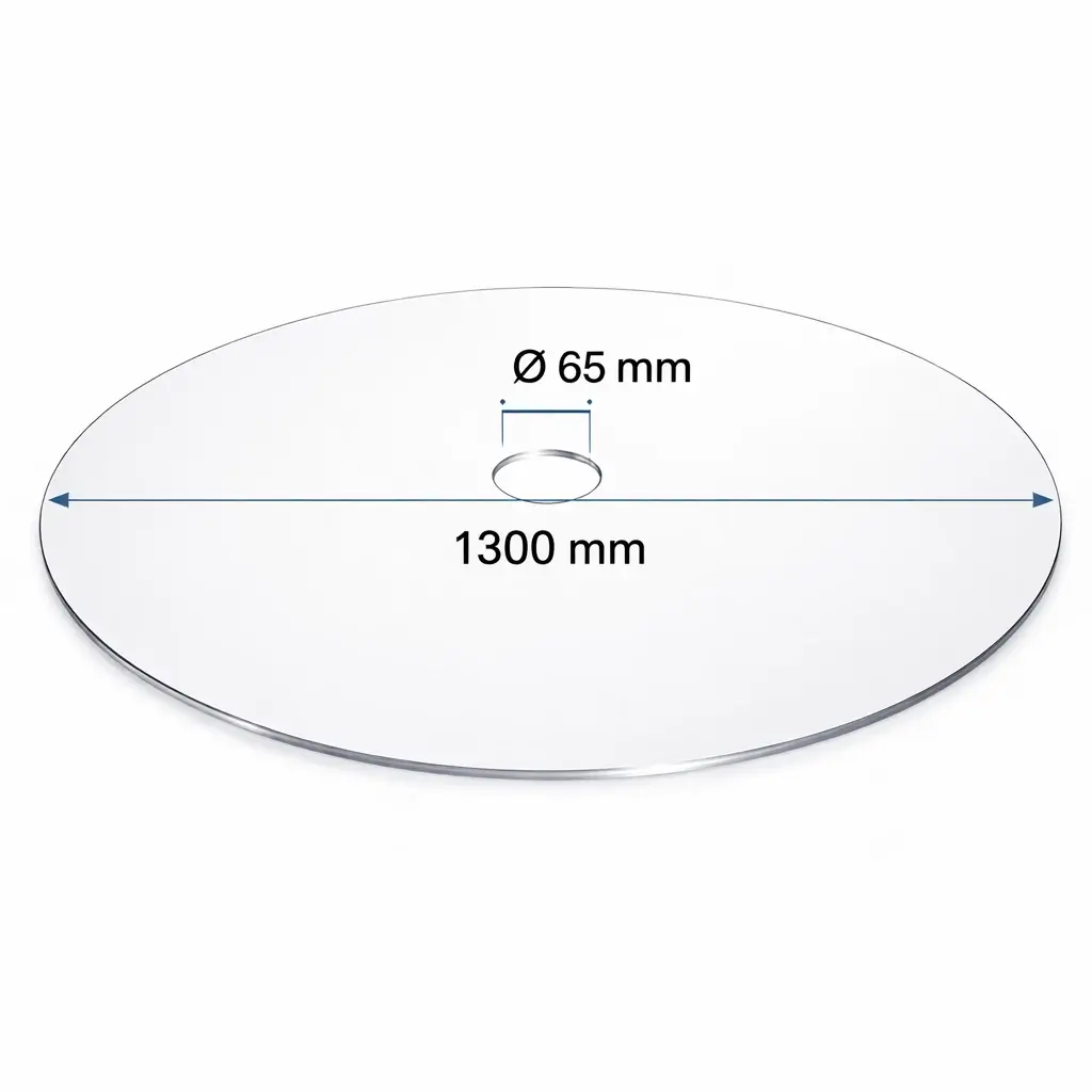 Plexiglass rond transparent 4 mm sur mesure - CN / GS 15 Disque rond plexiglass transparent diametre 130 cm Epaisseur 4 mm 1 trou central diametre 65 mm Chanfrein 2 mm