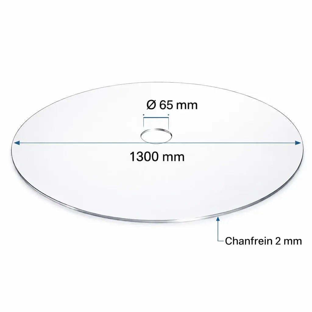 Plexiglass rond transparent 4 mm sur mesure - CN / GS 16 rond plexiglass transparent diametre 130 cm Epaisseur 4 mm Disque 1 trou central diametre 65 mm Chanfrein 2 mm