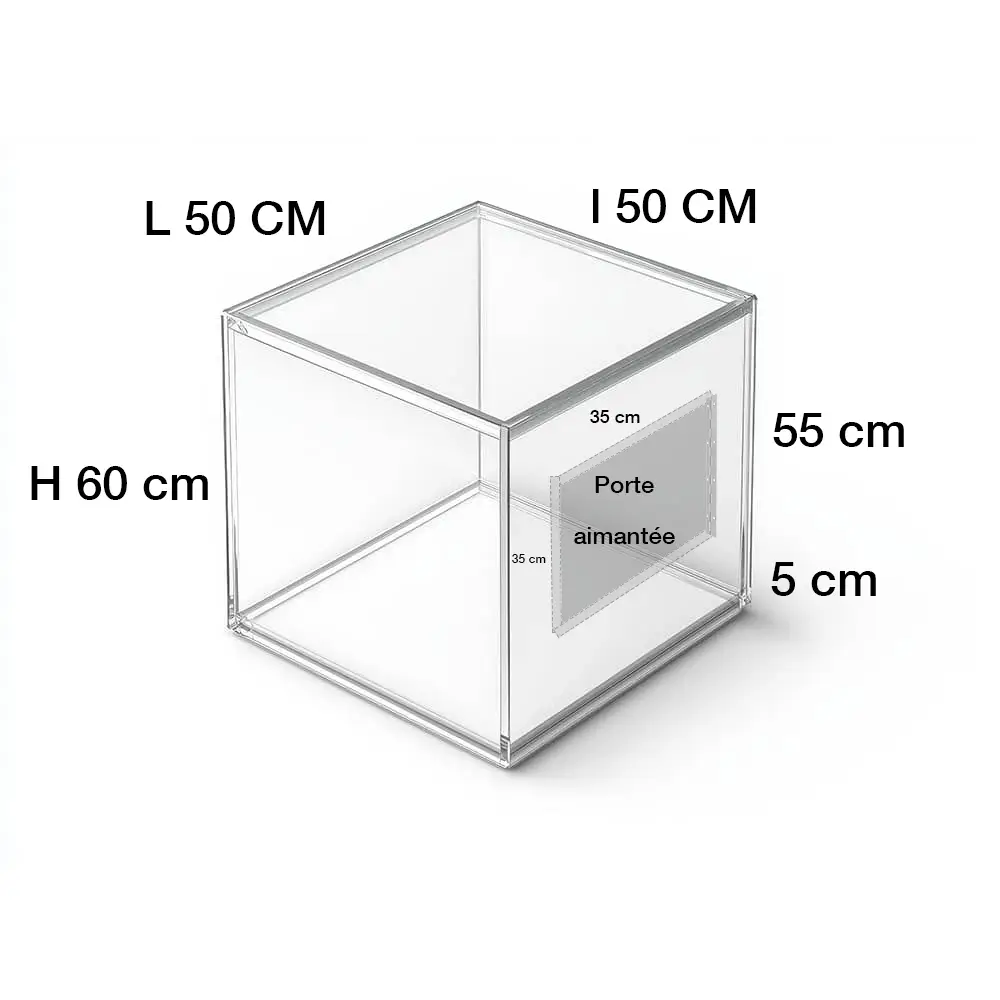 Cube étanceh transparent sur mesure 50 x 50 x H 60 cm avec porte aimantée 35 x 35 cm