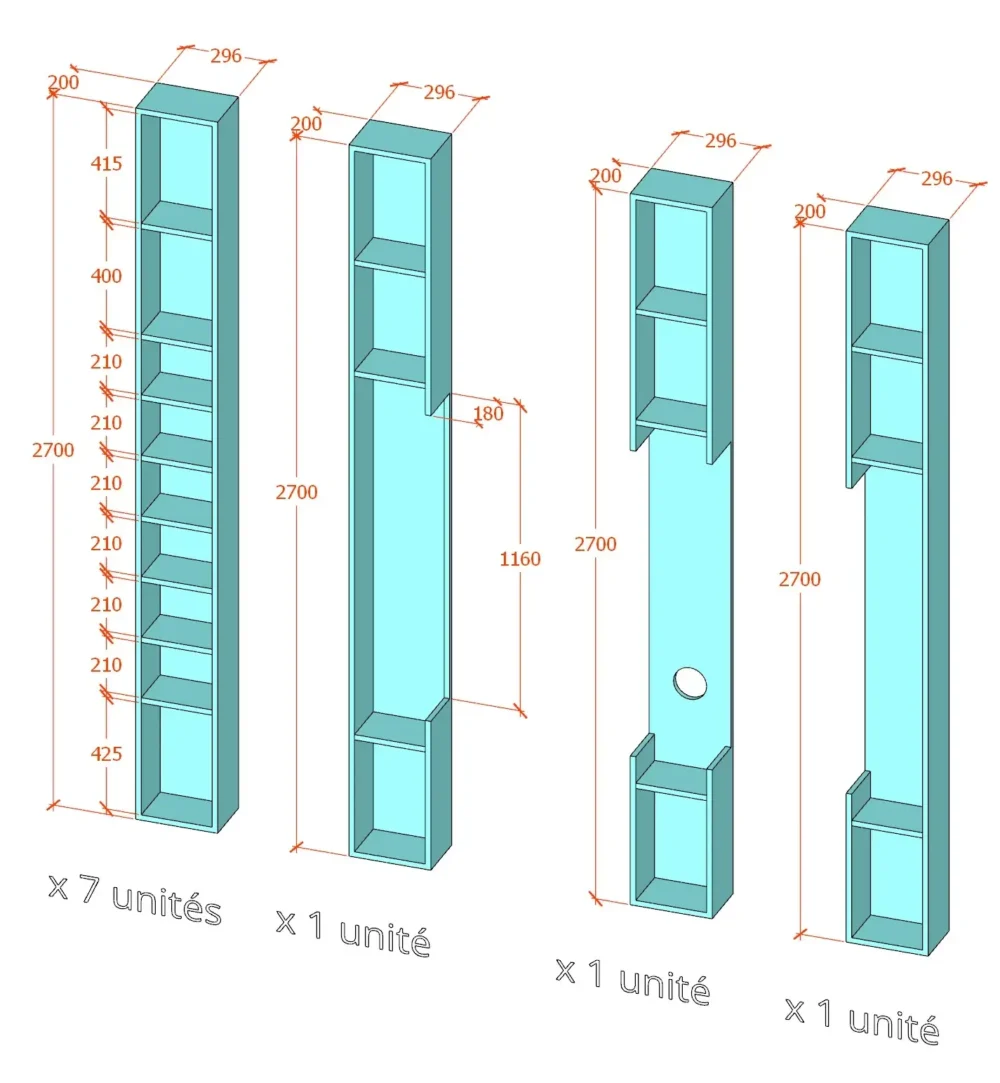 Colonnes Plexiglas sur mesure avec tablettes fixes en Altuglas 15 mm satin WH10 DC