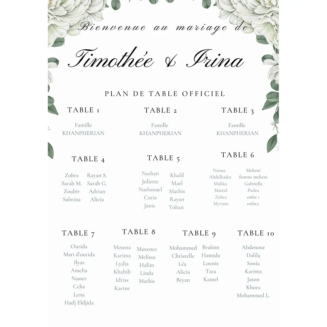 Plan de table de mariage transparent en Plexiglass 70x50cm - 3 mm avec Impression