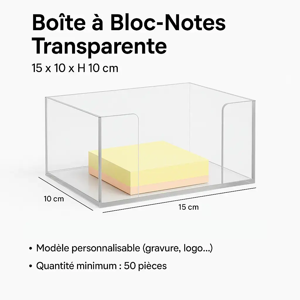 Boîte à Bloc Note Transparente en Plexiglass – 15 × 10 × H 10 cm