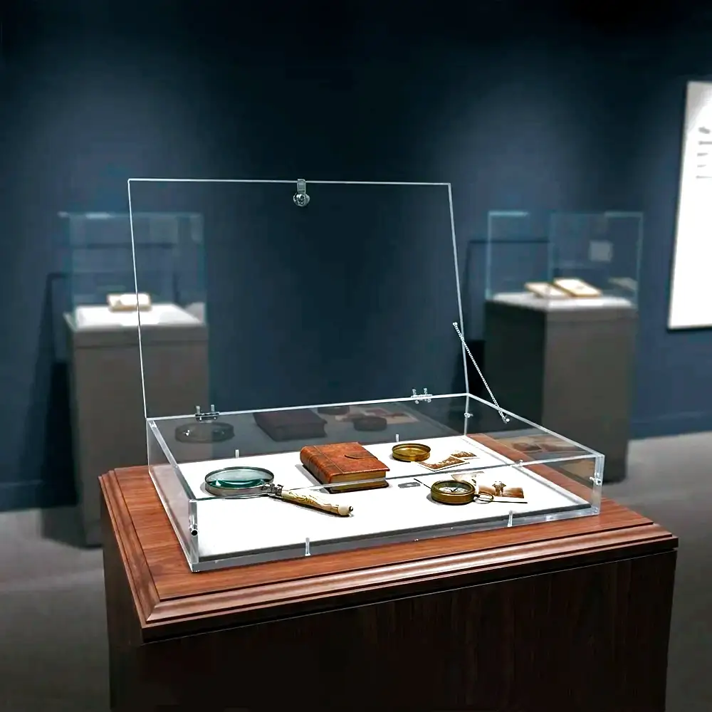 Vitrine d’exposition sur mesure avec serrure et chaînette – Présentoir sécurisé Plexiglass - 60 × 30 × H 15 cm