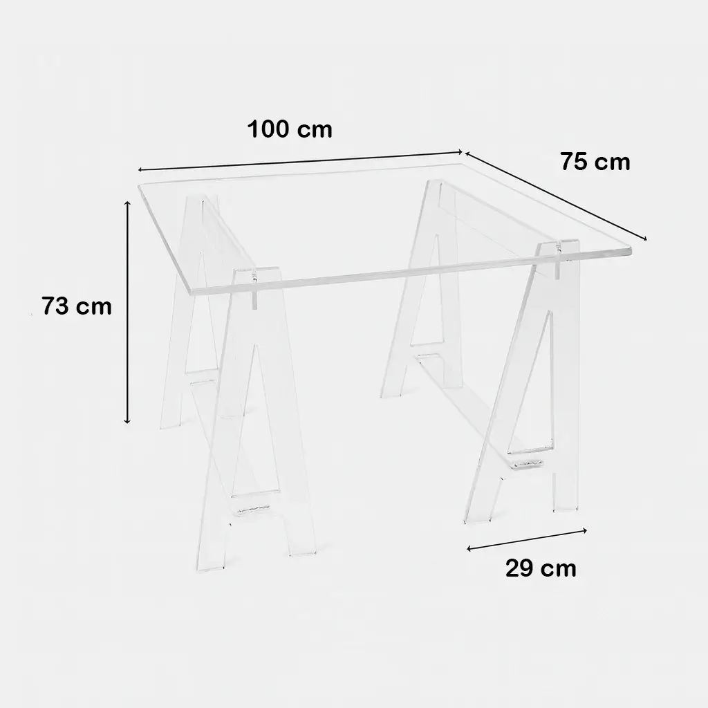 Dimensions Petit Bureau Transparent en Plexiglass sur Tréteaux 100 x 75 x 73 cm