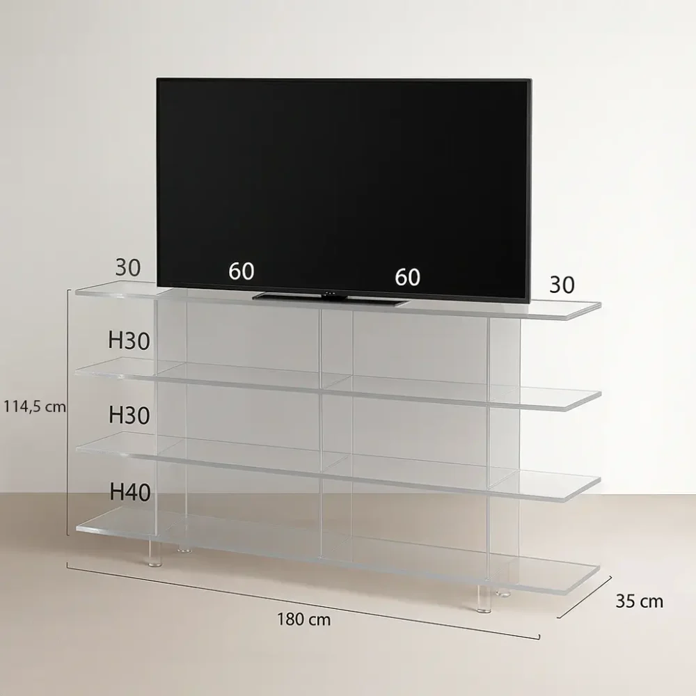 Étagère bibliothèque TV transparente sur mesure en Plexiglas