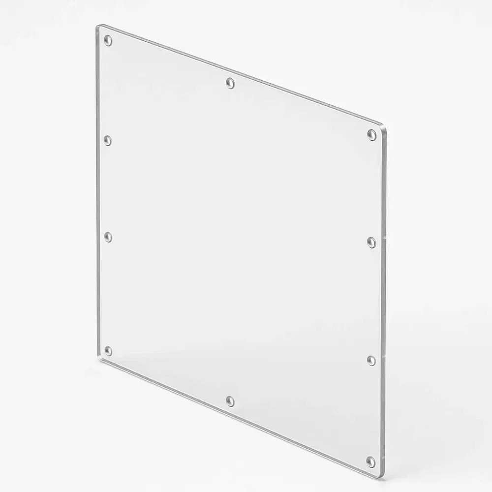 Face avant de coffret technique en Plexiglas transparent 592×788×3 mm avec 9 perçages Ø8 et angles R5