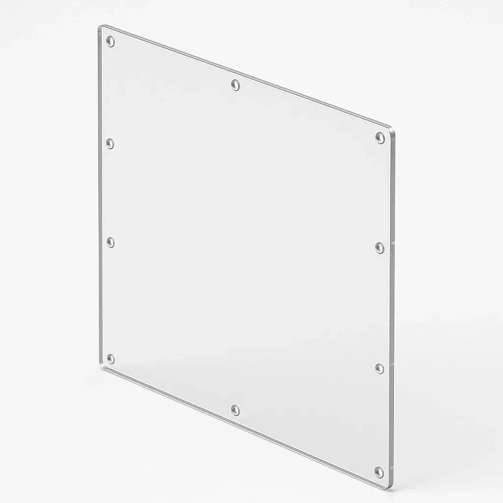 Face avant de coffret technique en Plexiglas transparent 592×788×3 mm avec 9 perçages Ø8 et angles R5