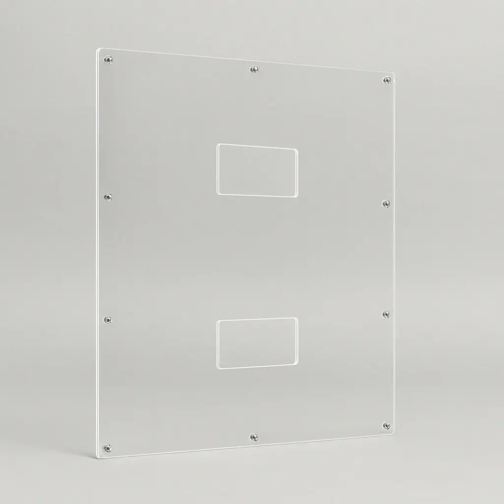 Panneau de protection pour coffret technique en Plexiglas transparent 592×955×3 mm avec 9 perçages Ø8, angles R5, vue trois-quarts