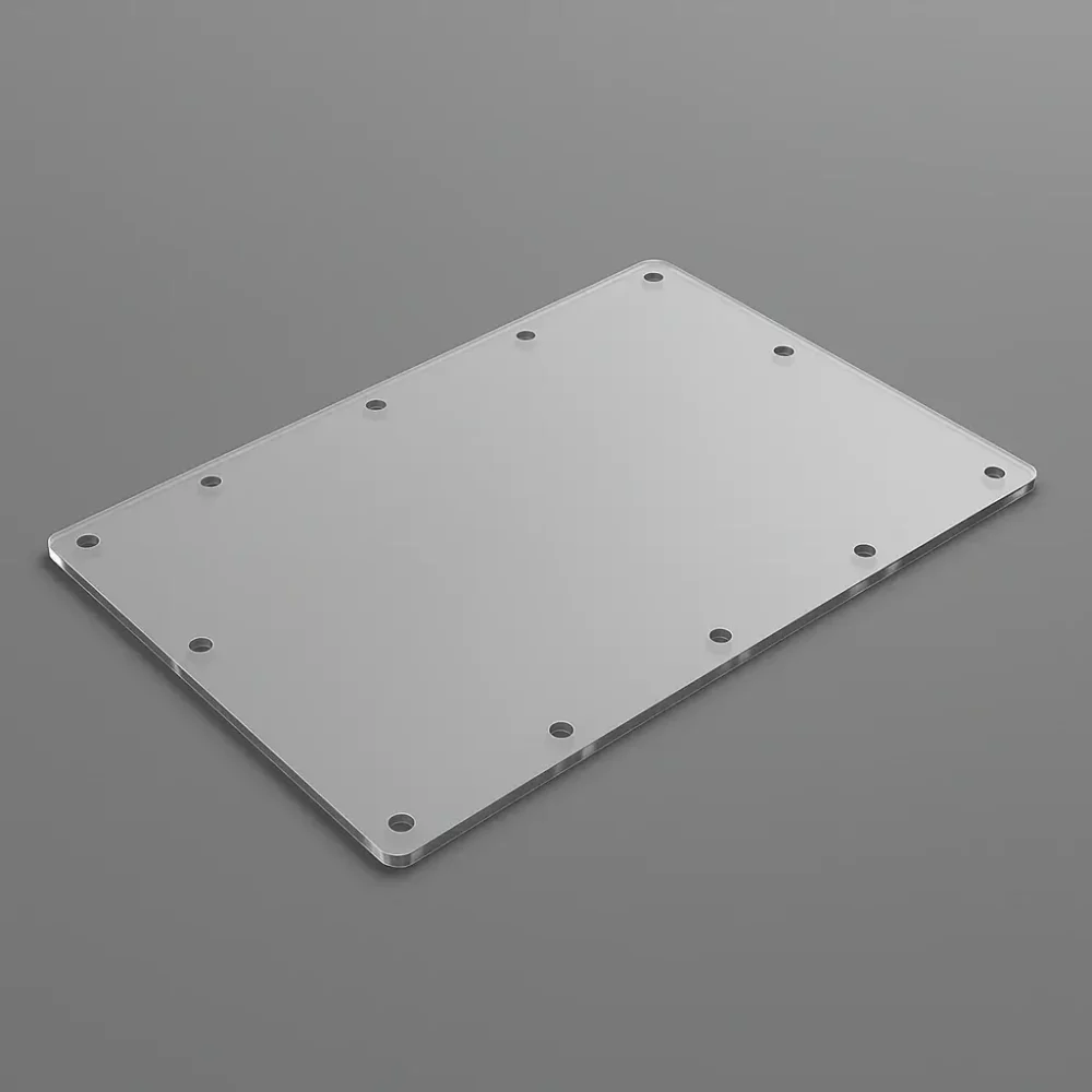 Plaque de protection technique en Plexiglass transparent sur mesure, dimensions 1012 × 550 × 3 mm, avec 14 perçages Ø8 mm et angles R5, finition chants polis