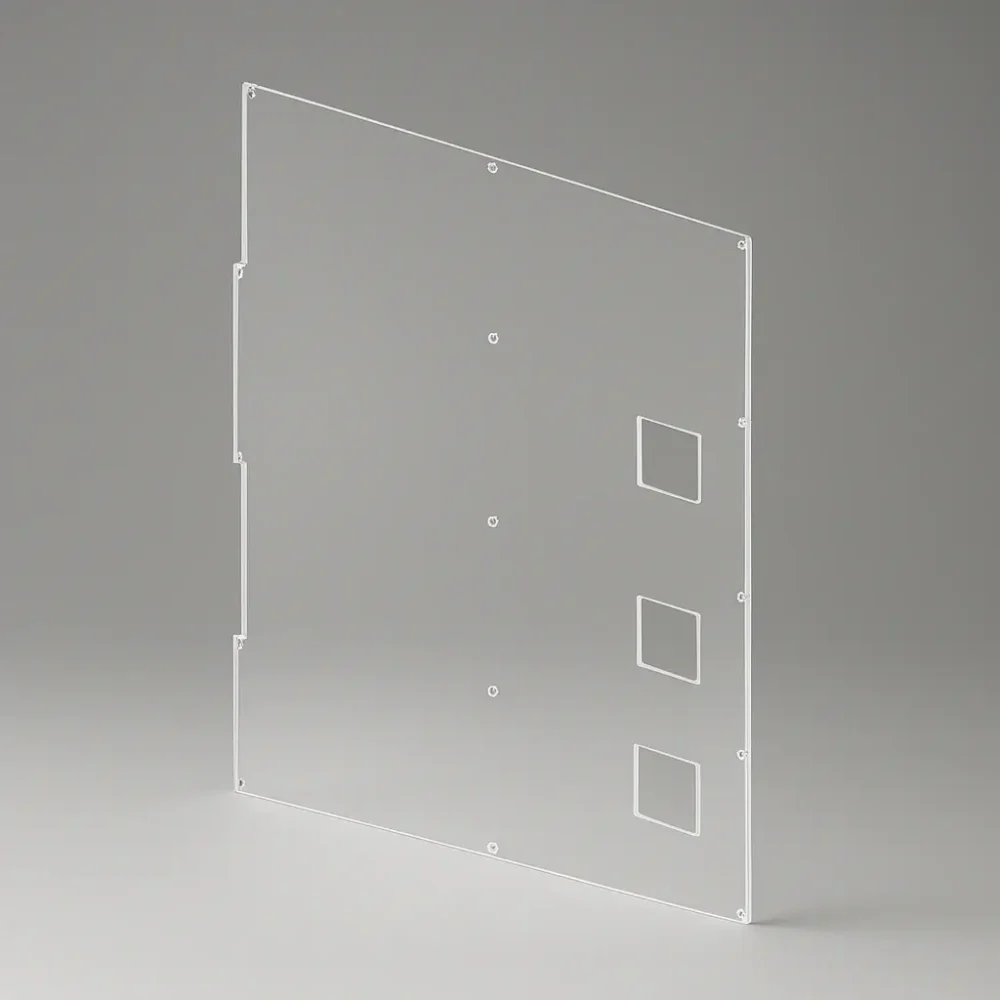 Plaque Plexiglass transparent 1220×1012×3 mm avec 14 perçages Ø8, 3 découpes 102×102 et encoches