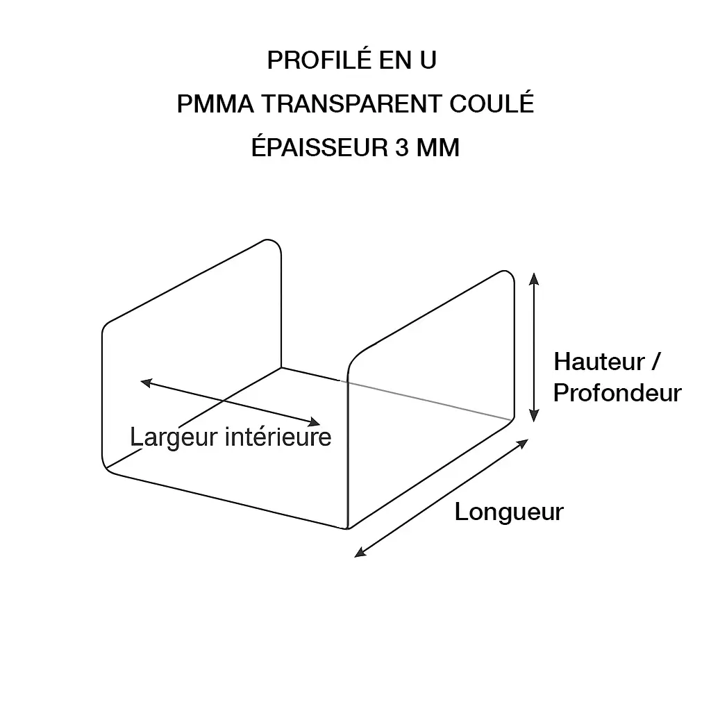 Profilé U transparent sur mesure Plexiglas 3 mm