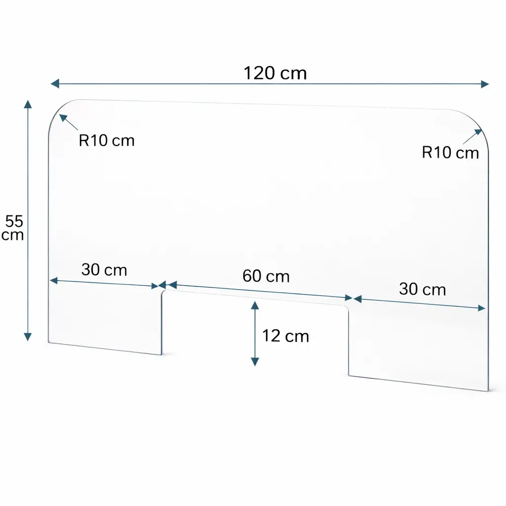 Ecran plexiglas pour comptoir accueil ou bureau 120 x 55 cm pase document 60 x 12 cm epaisseur 5 mm angles arrondis Rayon 10 cm