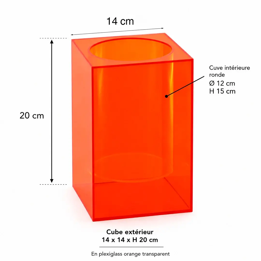 Vue de coté du pot en Plexiglass orange transparent cube 14 x 14 x H 20 cm avec cuve intérieure ronde Ø 12 x H 15 cm