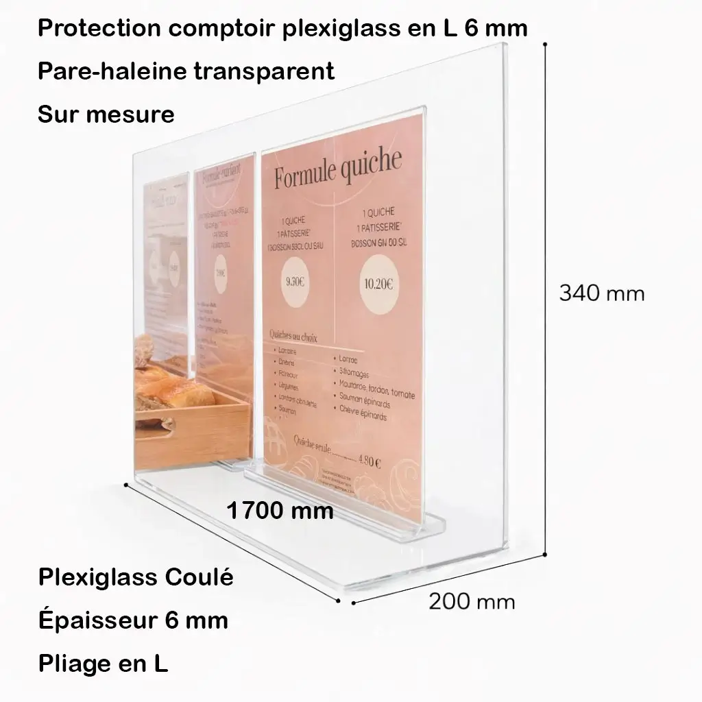 Pare haleine Plexiglass en L sur mesure 6 mm protection comptoir professionnel 170 mm base 200 mm hauteur 340 mm Plexiglas coulé pliage en L
