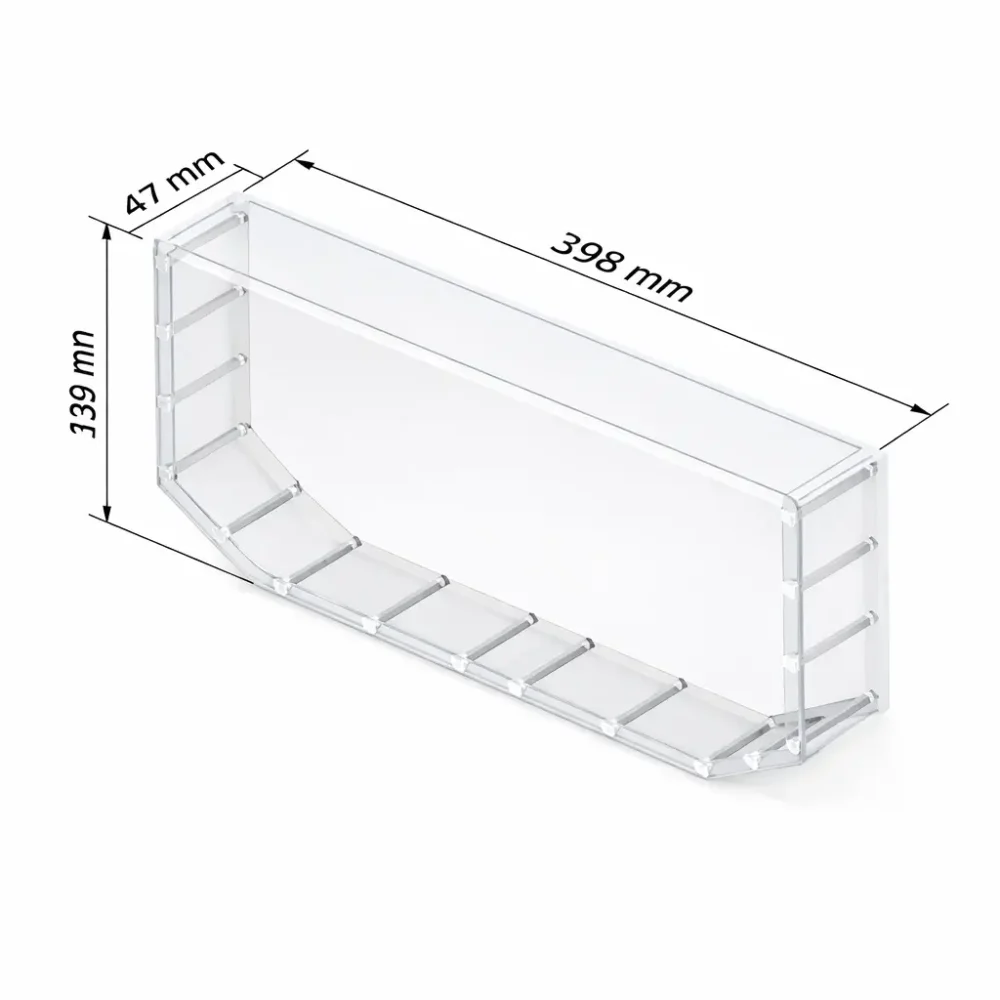 Bac de contrôle d’étanchéité en plexiglass transparent avec dimensions 398 mm longueur 139 mm hauteur 47 mm profondeur
