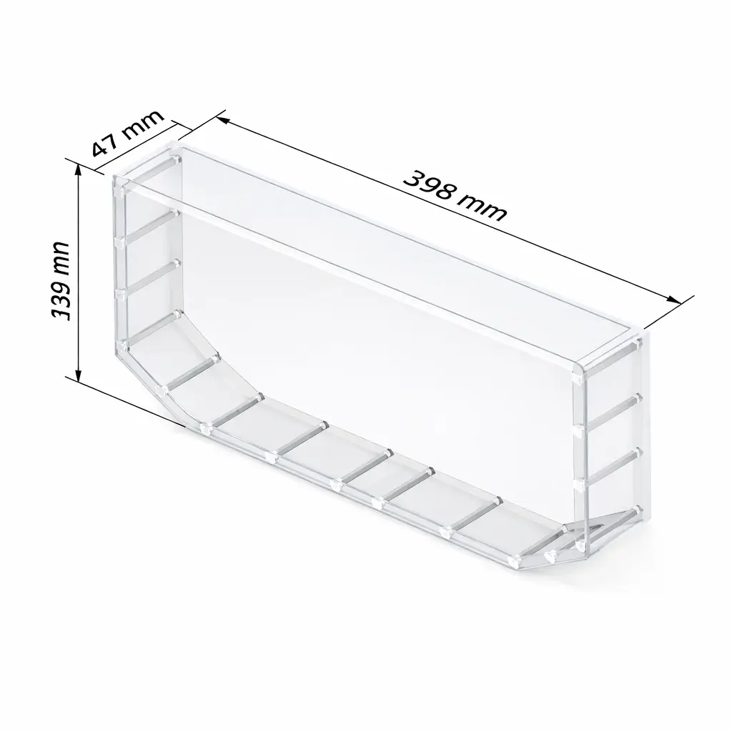 Bac de contrôle d’étanchéité en plexiglass transparent avec dimensions 398 mm longueur 139 mm hauteur 47 mm profondeur