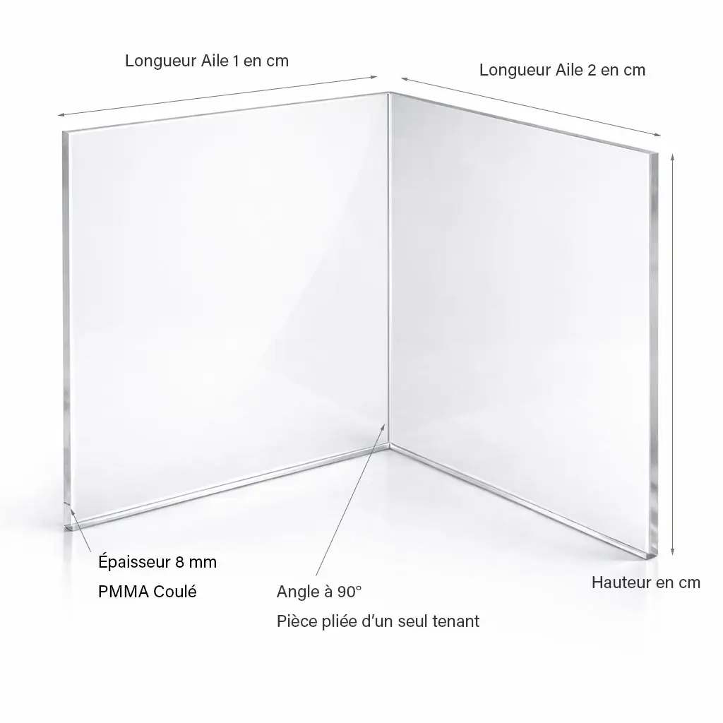 Coin d’angle Plexiglass transparent 90° plié – écran de protection 8 mm sur mesure