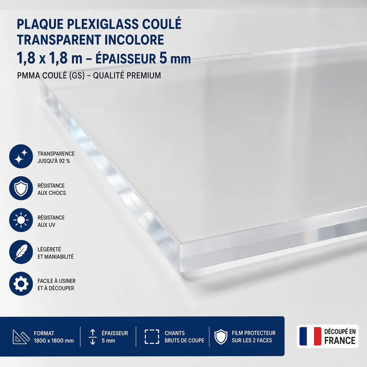 Plaque Plexiglass Coule Transparent 1800 x 1800 1 8 x 1 8 m Epaisseur 5 mm Incolore