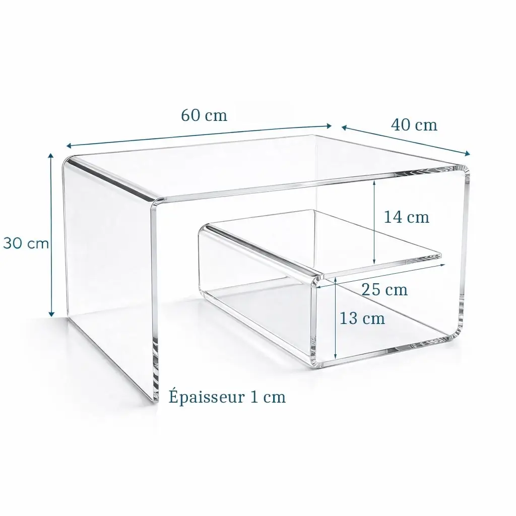 Table basse plexiglass design escargot avec étagère 10mm sur mesure 60 x 30 x 40 cm
