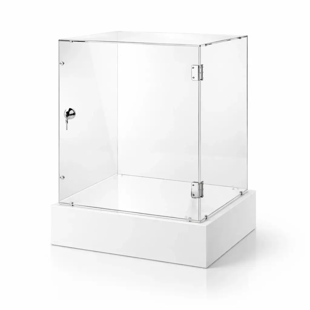 Vitrine Transparente sur Socle Blanc sur mesure avec Porte et Serrure cle