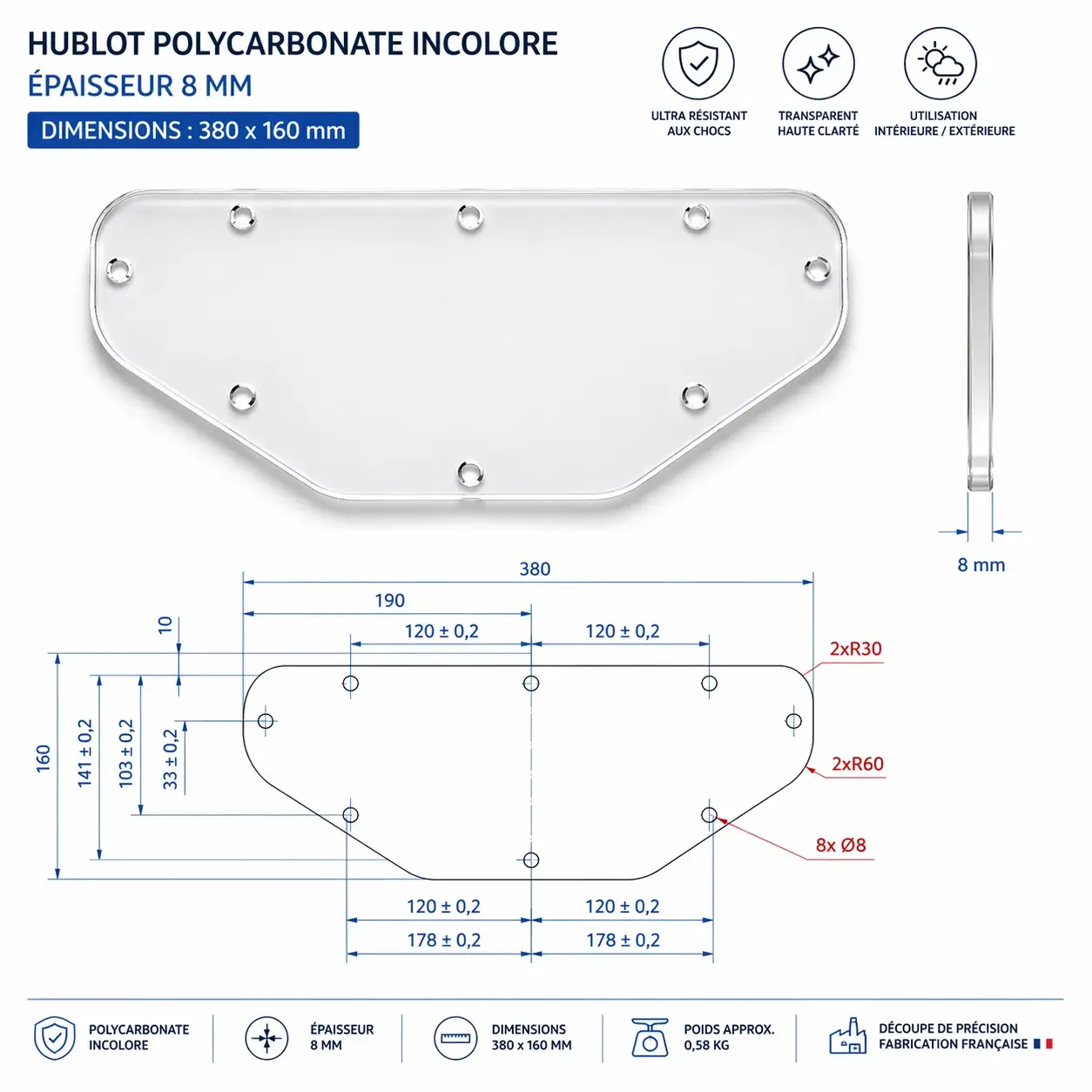 Hublot en polycarbonate transparent 8 mm avec perçages 380 x 160 mm