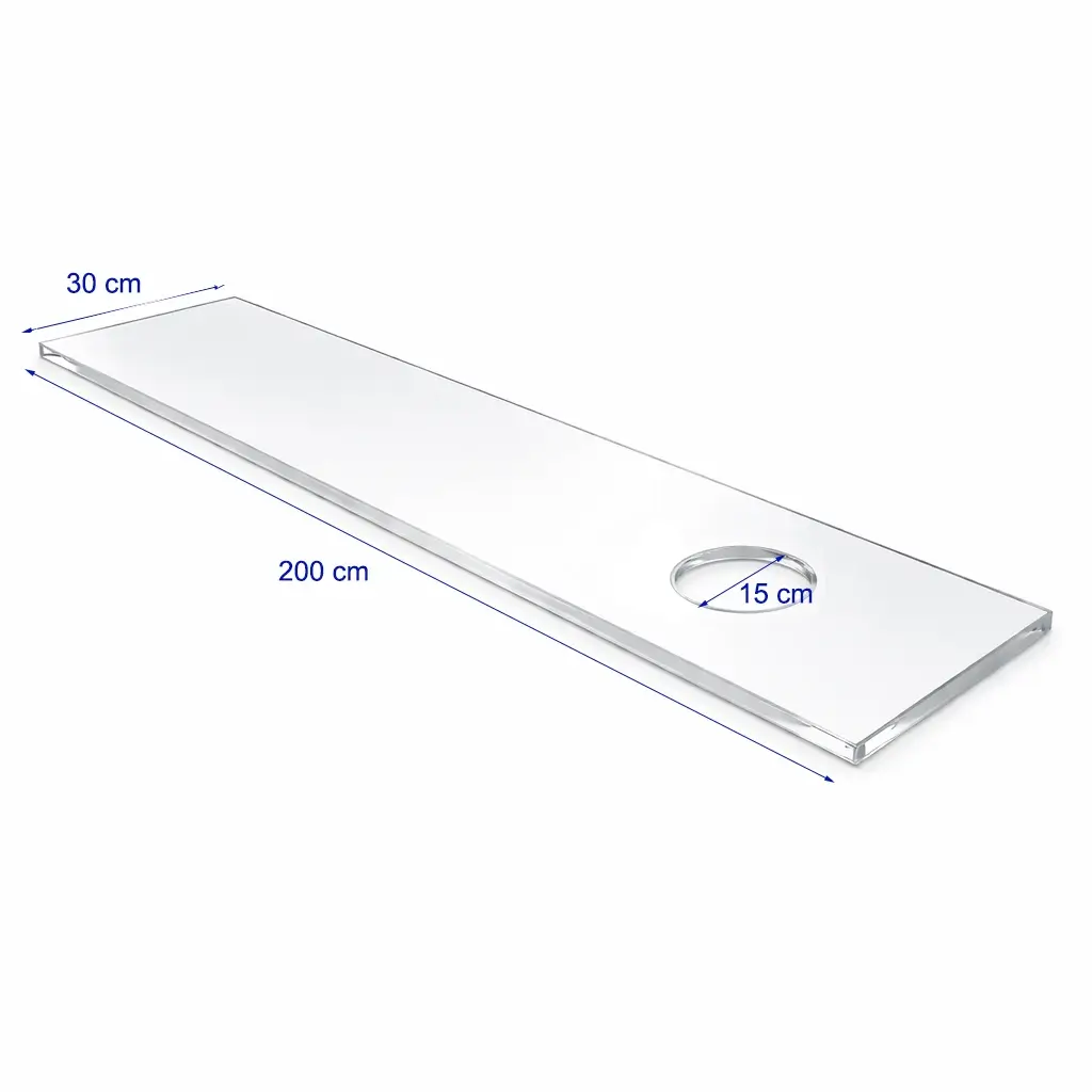 Plaque plexiglass 200x30 cm 8 mm trou climatisation Ø 15 cm transparent coulé