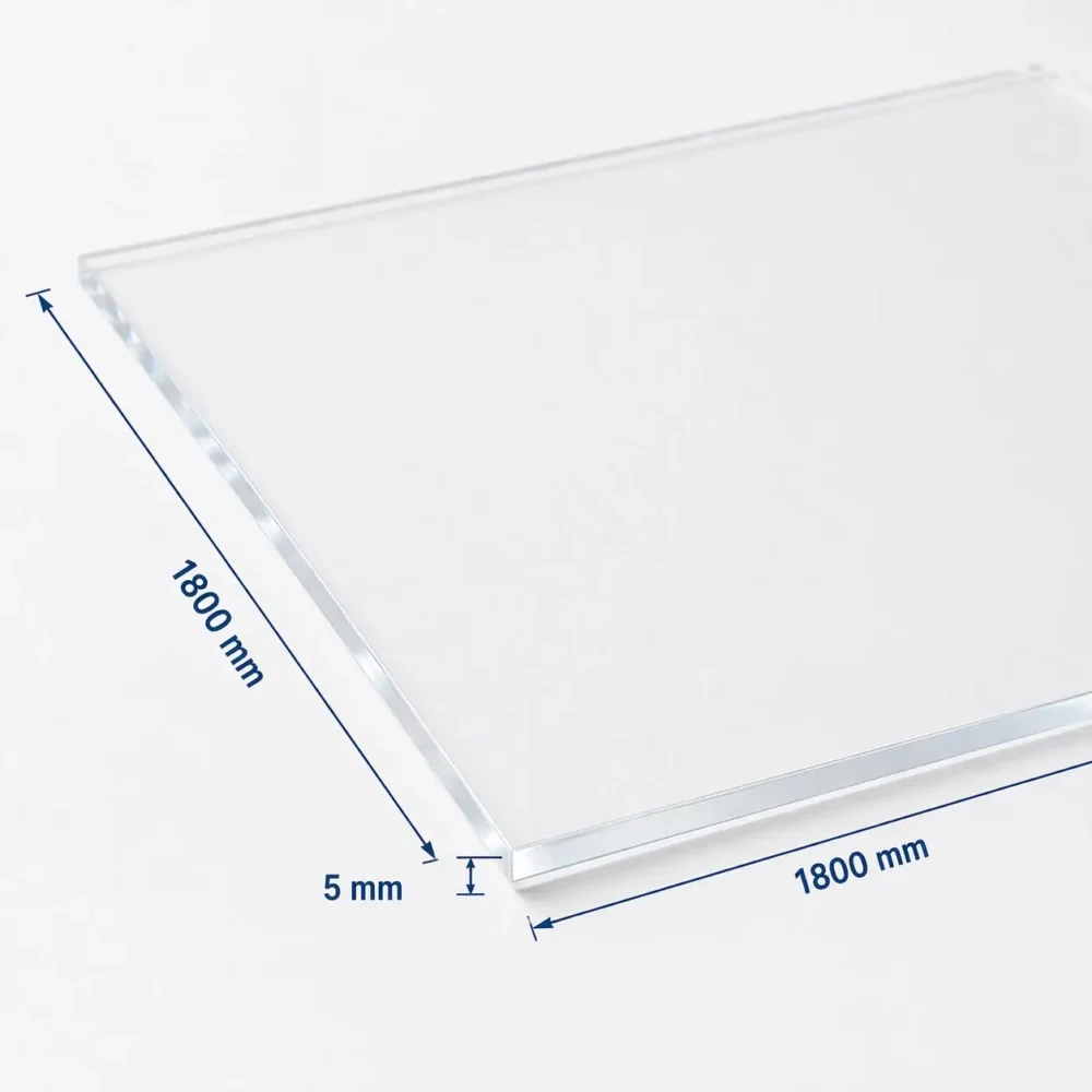 Plaque plexiglass coulé transparent 1800x1800 mm épaisseur 5 mm avec dimensions visibles