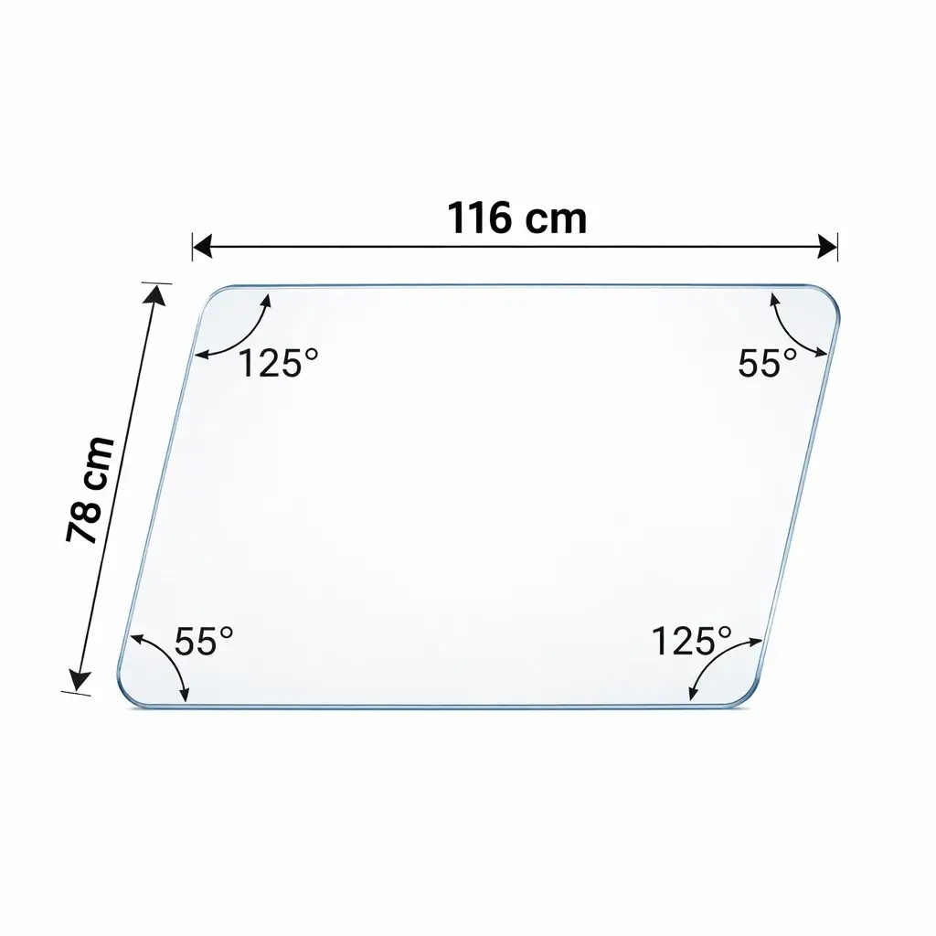Plexiglass parallélogramme transparent 10 mm poli 116x78 cm angles 55° 125° angles arrondis
