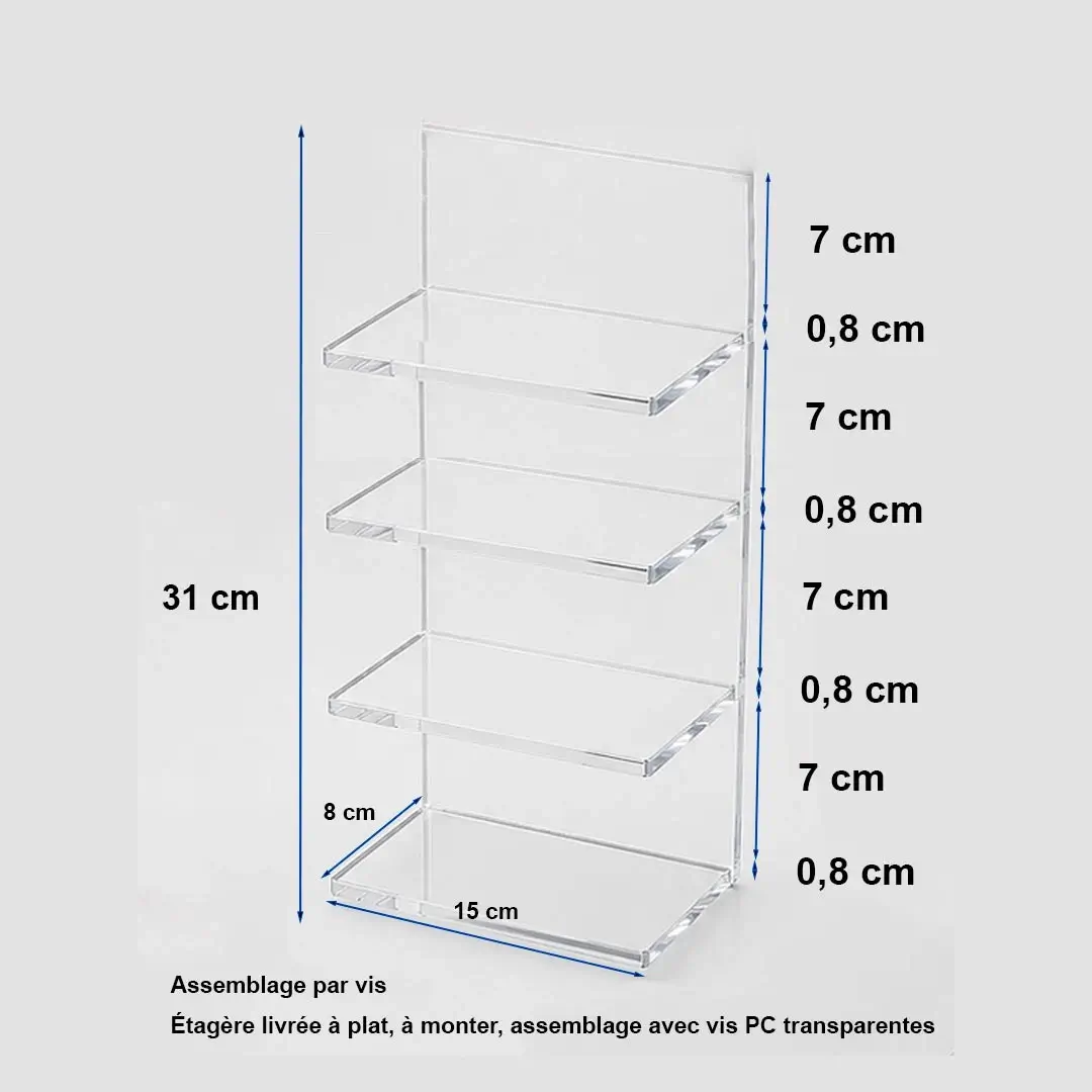 Présentoir transparent avec étagères sur mesure 4 étages
