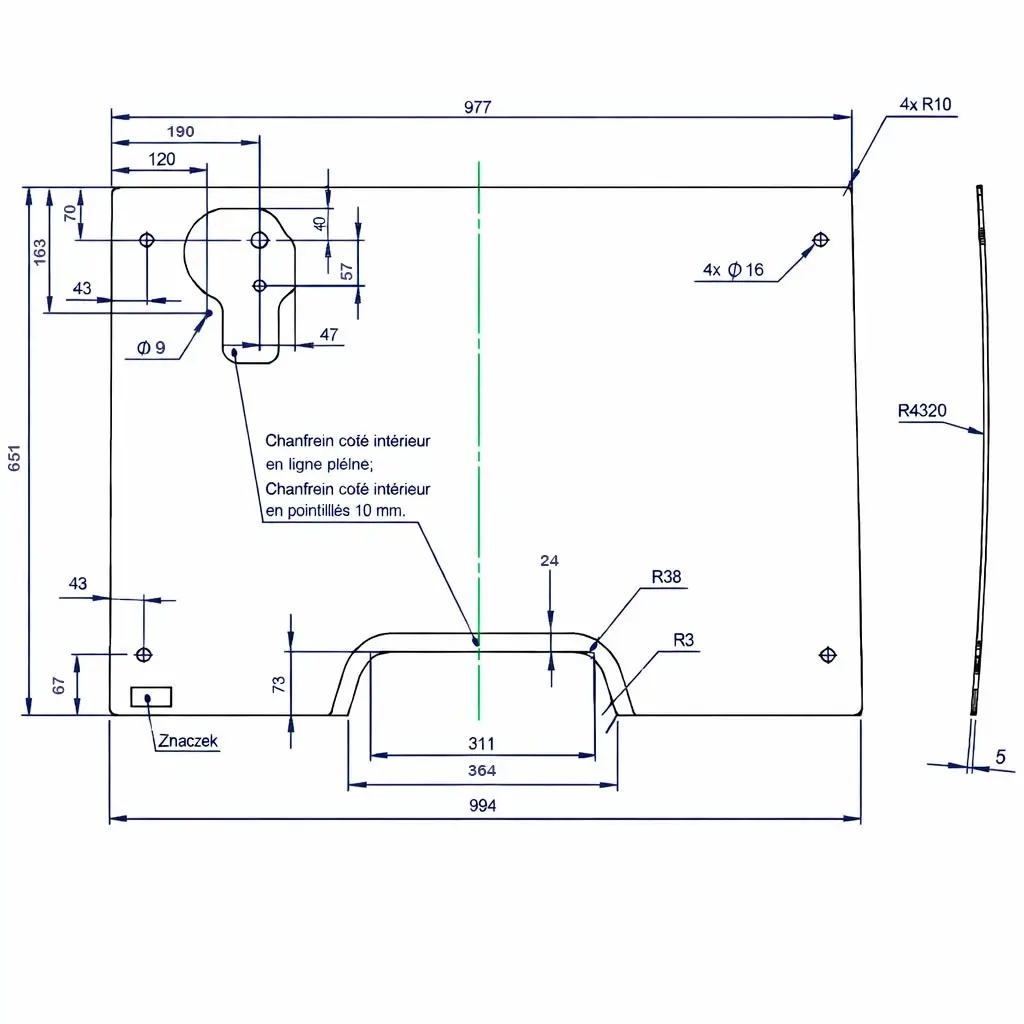 Vitre arrière Jungheinrich EFG 540k polycarbonate 5 mm plan technique avec dimensions et perçages sur mesure