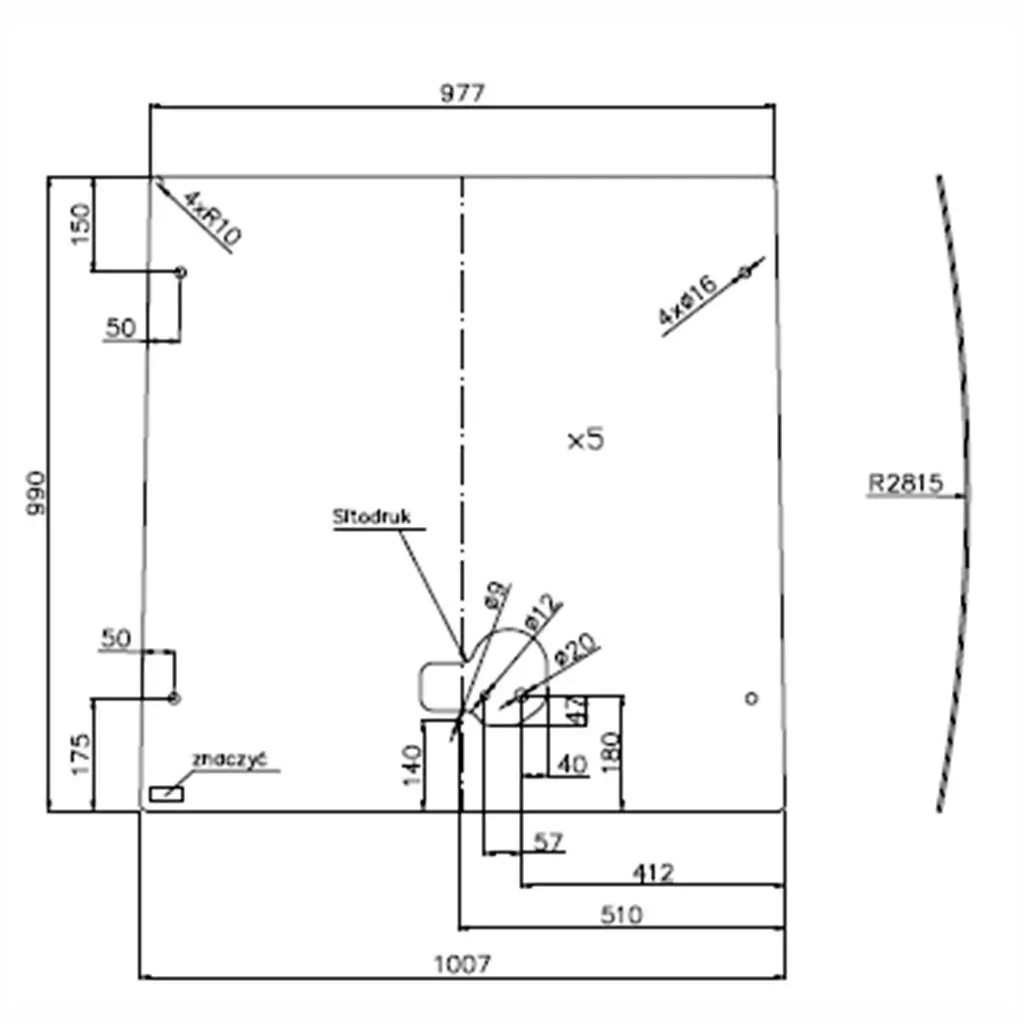 Schéma technique vitre avant chariot élévateur Jungheinrich EFG 540k en polycarbonate compact anti abrasion 5 mm avec dimensions et perçages