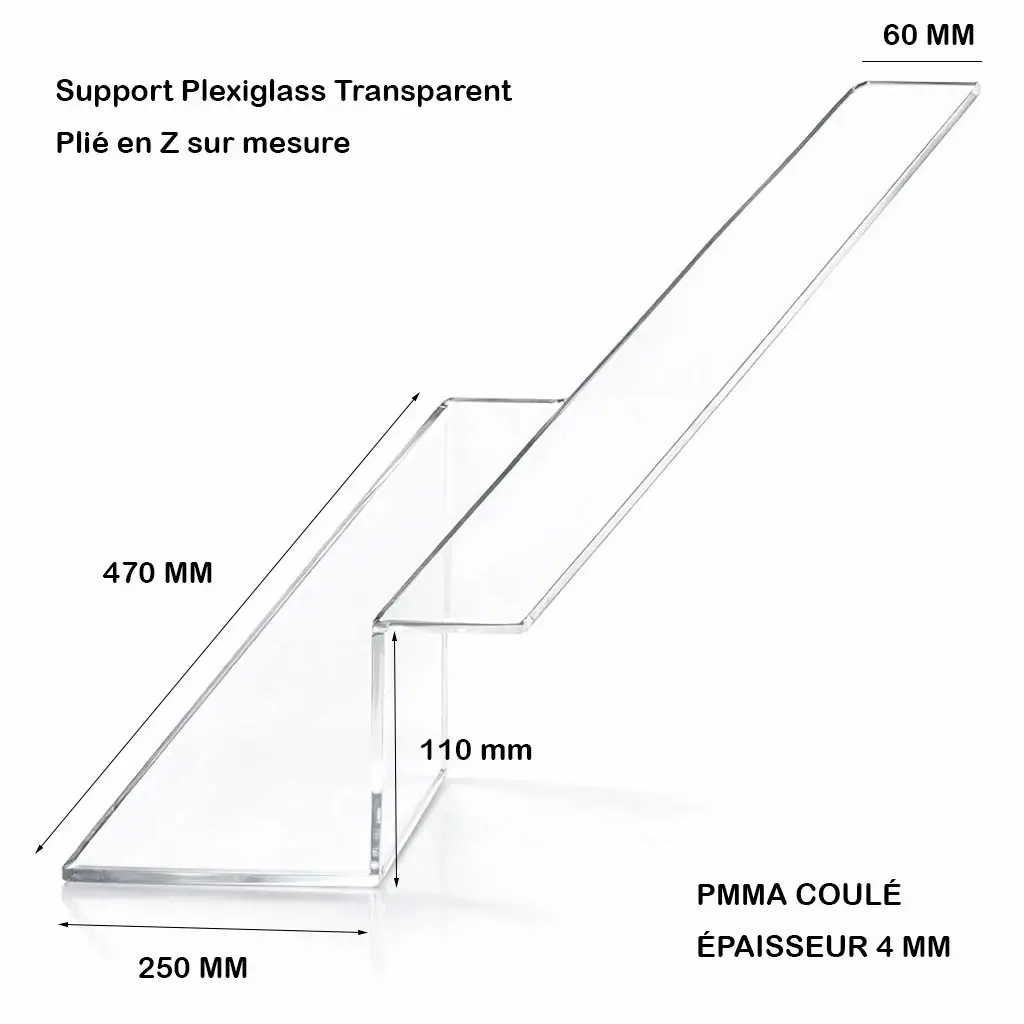 Support Plexiglass Transparent Plié en Z 4 mm sur mesure – Présentoir incliné premium