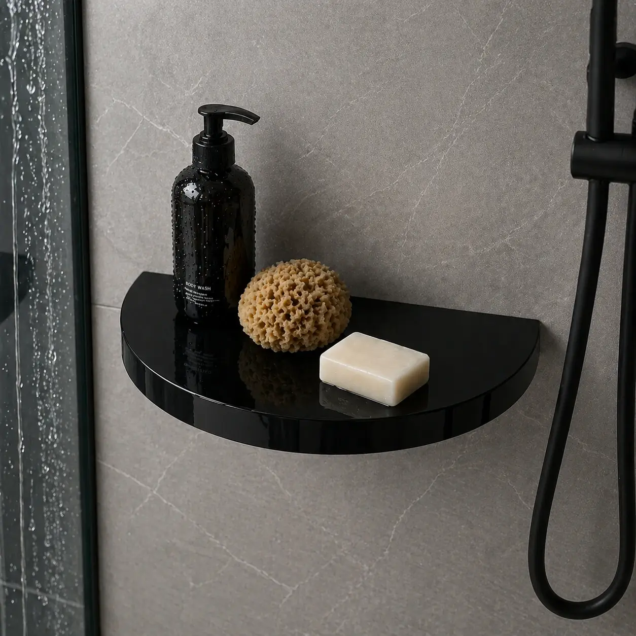 Demi cercle Plexiglass noir 10 mm sur mesure - CN / GS 5 Tablette noire sur mesure salle de bain douche support