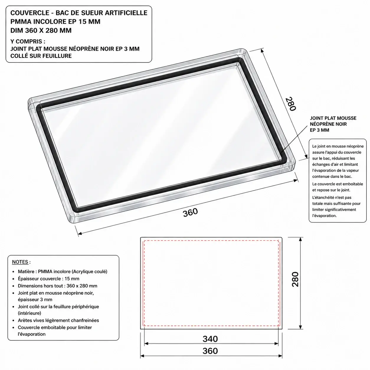 Couvercle plexiglass transparent 360x280 mm avec joint néoprène sur feuillure pour bac de sueur artificielle