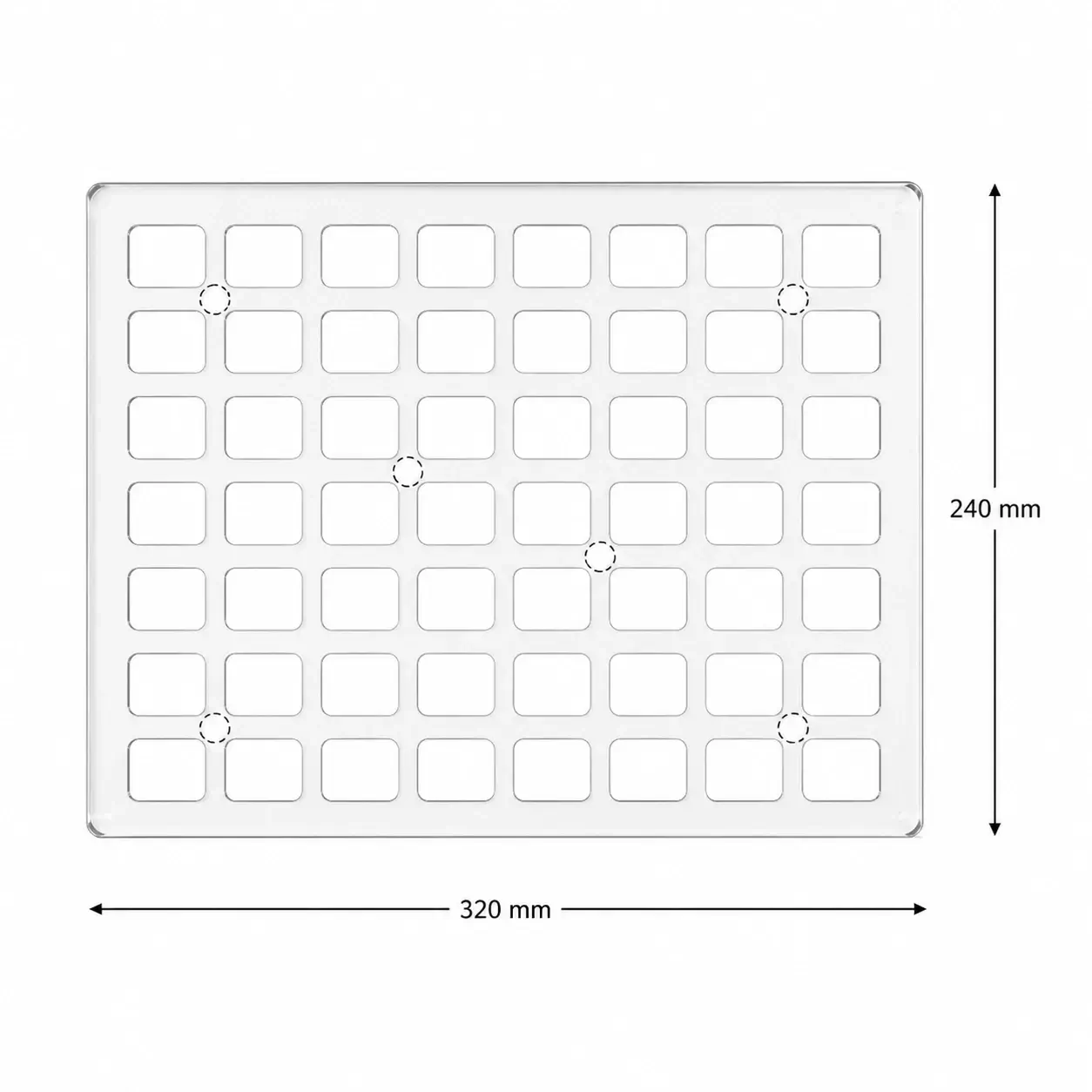 Grille plexiglass transparente perforée 320x240 mm épaisseur 10 mm avec emplacements pieds