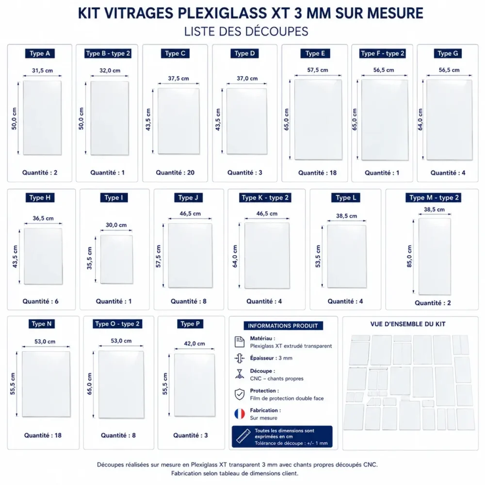 Kit vitrages Plexiglass XT 3 mm sur mesure pour remplacement de fenêtres