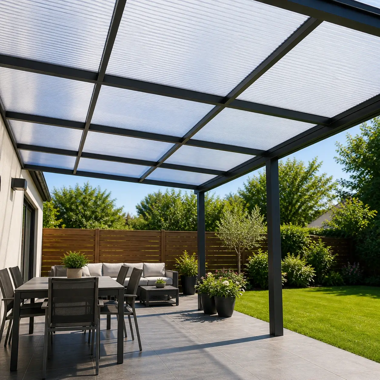 Plaque Polycarbonate Alvéolaire 10 mm Sur Mesure Transparent 4 Plaque polycarbonate alvéolaire 10 mm sur mesure Thermoclear sur pergola extérieure