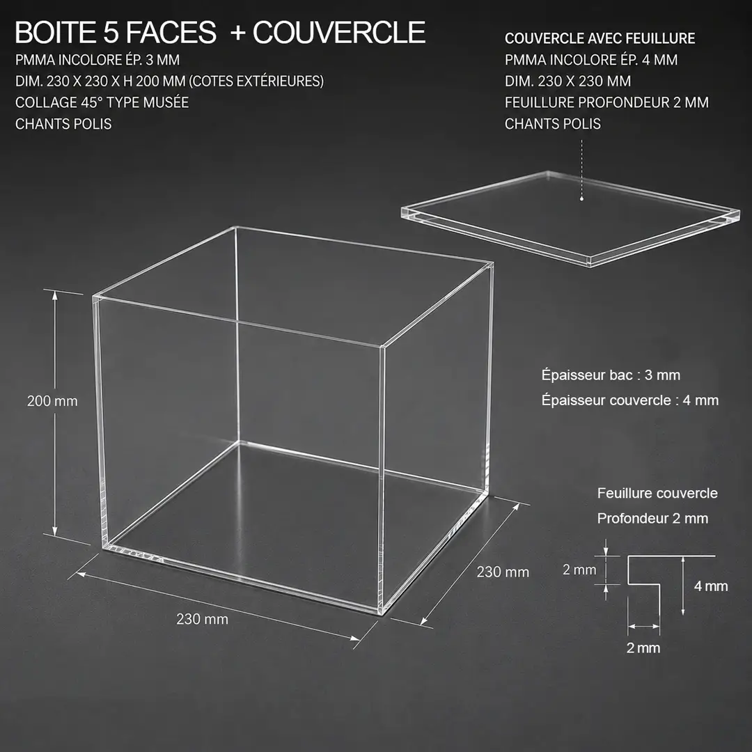 Boîte de présentation transparente en PMMA cristal avec capot 5 faces et couvercle ajusté à feuillure.
