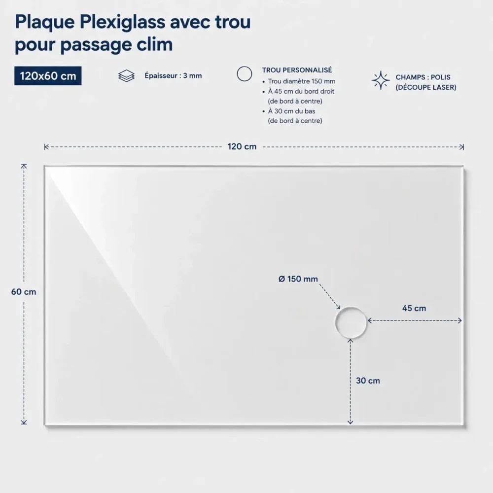 Plaque Plexiglass transparente 120 x 60 cm épaisseur 3 mm avec trou diamètre 150 mm pour passage de climatisation, chants polis découpe laser.