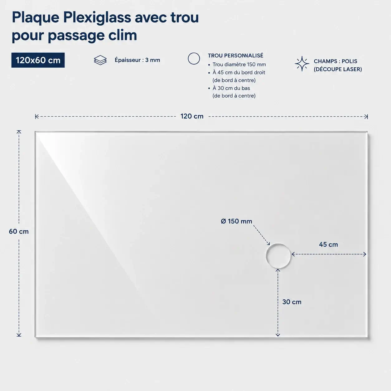 Plaque Plexiglass transparente 120 x 60 cm épaisseur 3 mm avec trou diamètre 150 mm pour passage de climatisation, chants polis découpe laser.